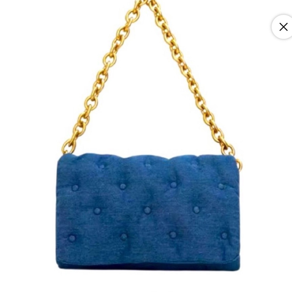 Blue Denim Quilted Chain with Gold StrapShoulder Bag
